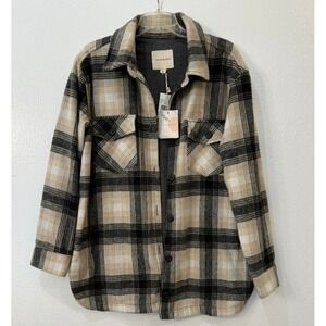 NWT Nordstrom Thread & Supply Black Tan Plaid Lined Soft Flannel Shacket Sz Lg